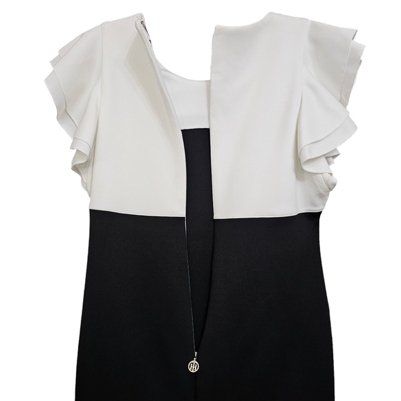 Tommy Hilfiger Nwot White/Black Colorblock Flutter Cap Sleeve Scuba Sheath Dress - Picture 12 of 16